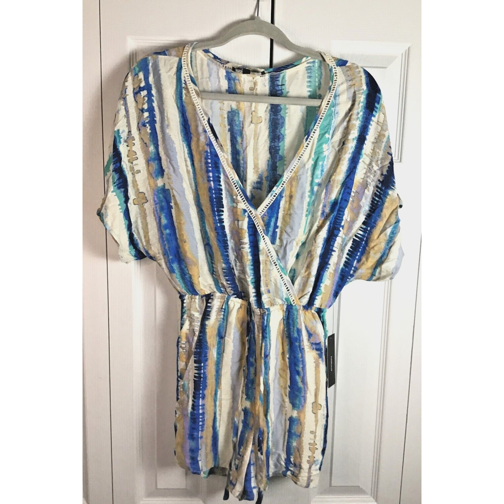 Lulus Watercolor Wonders Cream and Blue Tie-Dye Romper Womens Small Boho Stripe